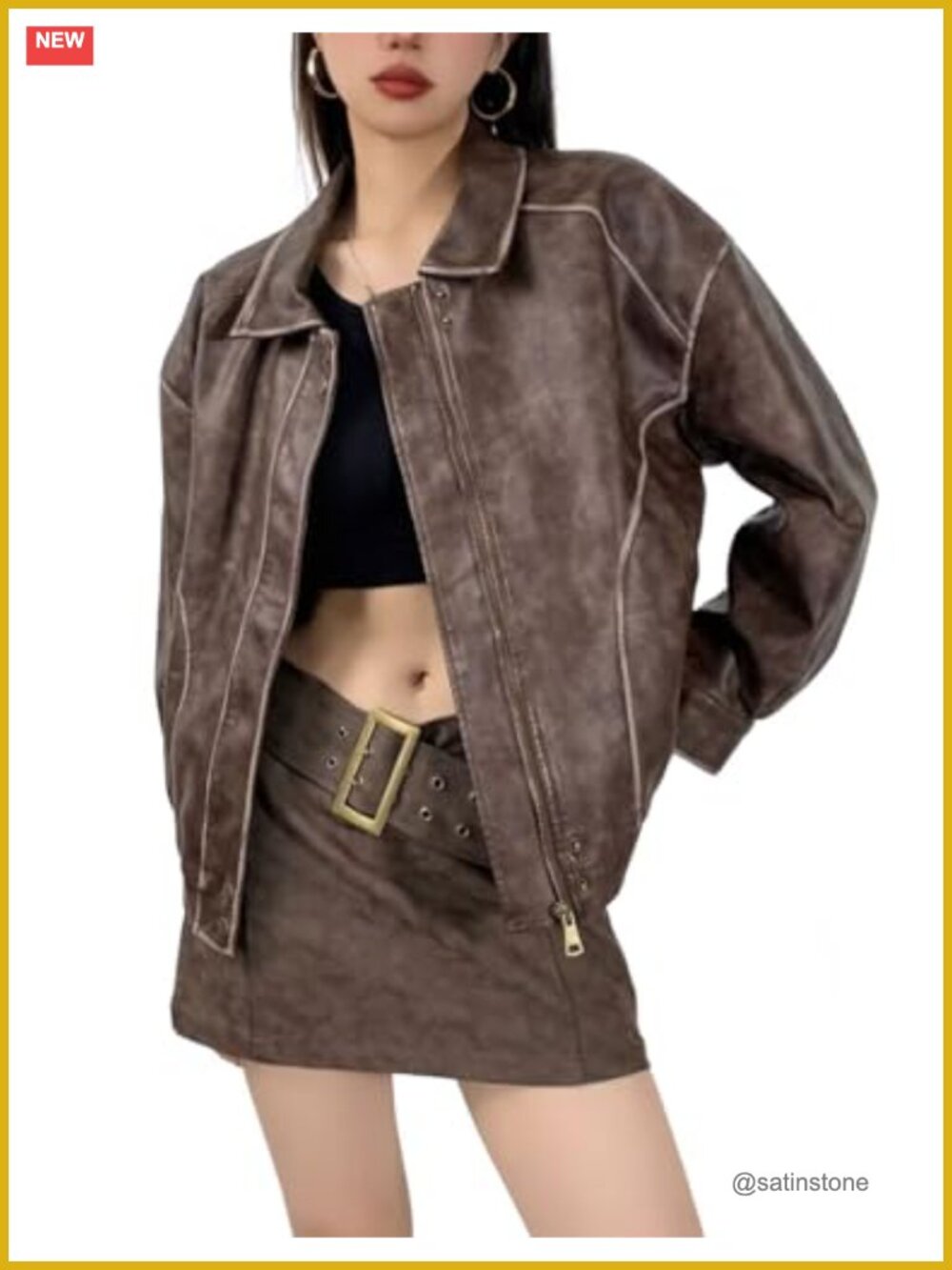 Women's Distressed Faux Leather Bomber Jacket Oversized Motorcycle Jacket